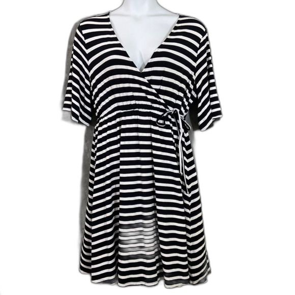 Old Navy Stripe Jersey Knit Dress Sz. 1X black / white faux wrap knee length - Picture 1 of 10